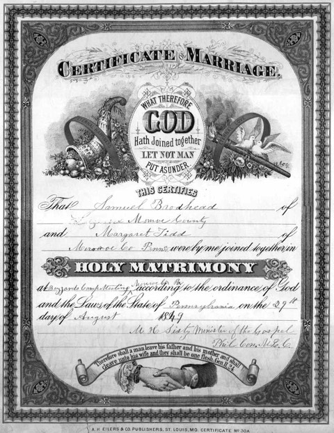 Marriage certificate of Samuel Brodhead and Margaret Tidd, who were married August 29, 1849.