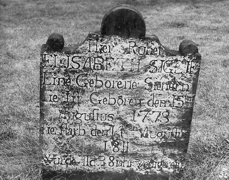 Headstone of Elizabeth Siglie, who was born Aug. 15, 1773 and died Aug. 4, 1811. Monroe County was home to many settlers from Germany, as noted by her headstone.